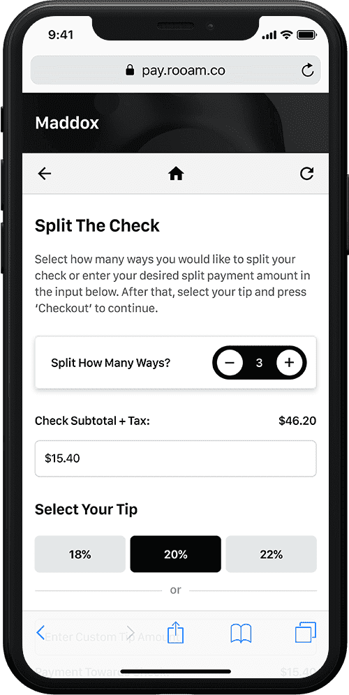 Rooam Pay Split The Check Screen
